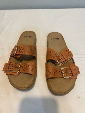 Antigua Tan Perforated Double Buckle Slide Sandals